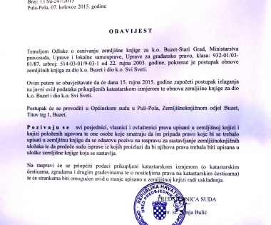 Grad Buzet - Obavijest o početku izlaganja za K.O. Buzet - Stari Grad